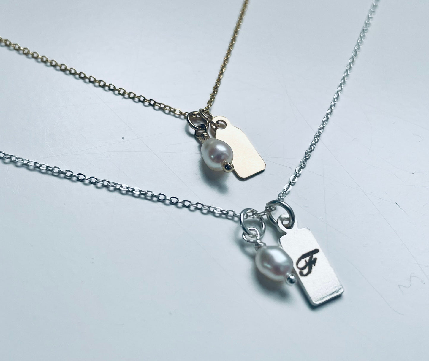 Engraved Rectangular Tag and Pearl Necklace
