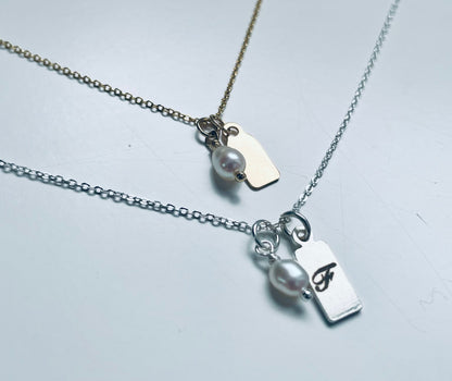 Engraved Rectangular Tag and Pearl Necklace