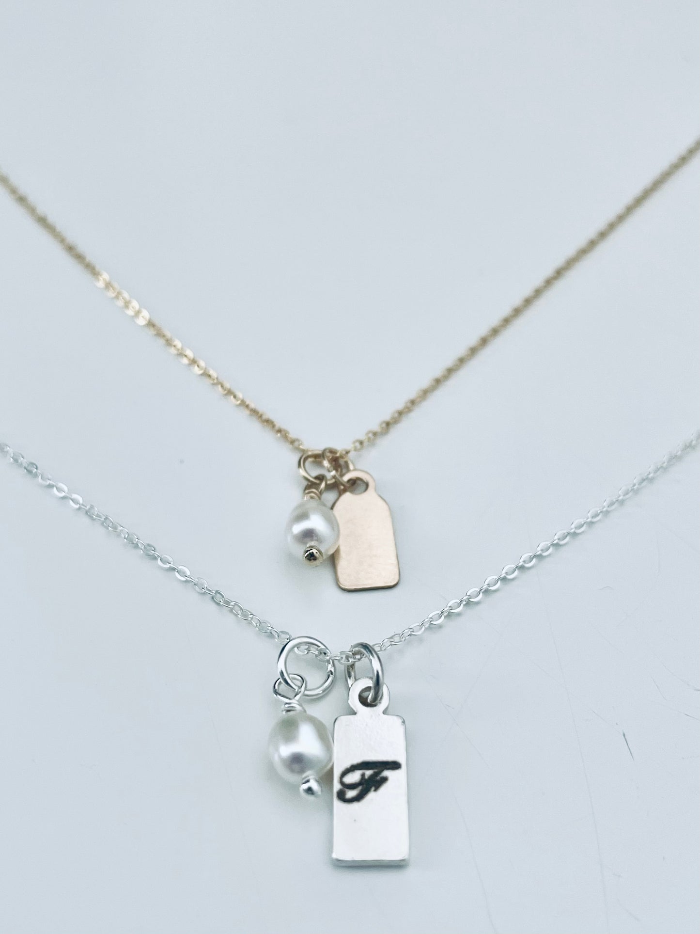Engraved Rectangular Tag and Pearl Necklace