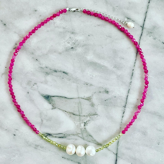 Rose Chalcedony + Peridot Choker/Double Bracelet